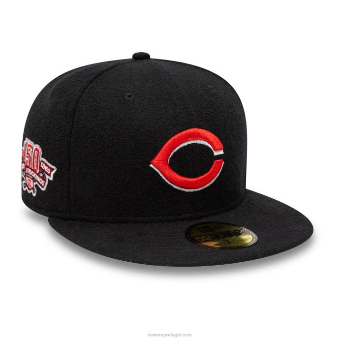 FFTN330 New Era Boné Cincinnati Reds de Aniversário de Lã Preto 59Fifty