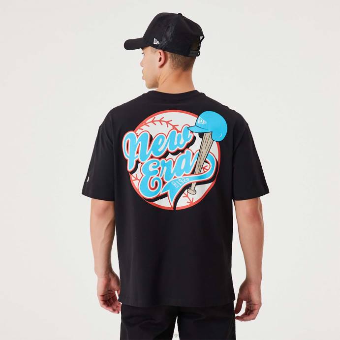 FFTN2886 New Era t-shirt oversized preta com gráfico de basebol Heritage