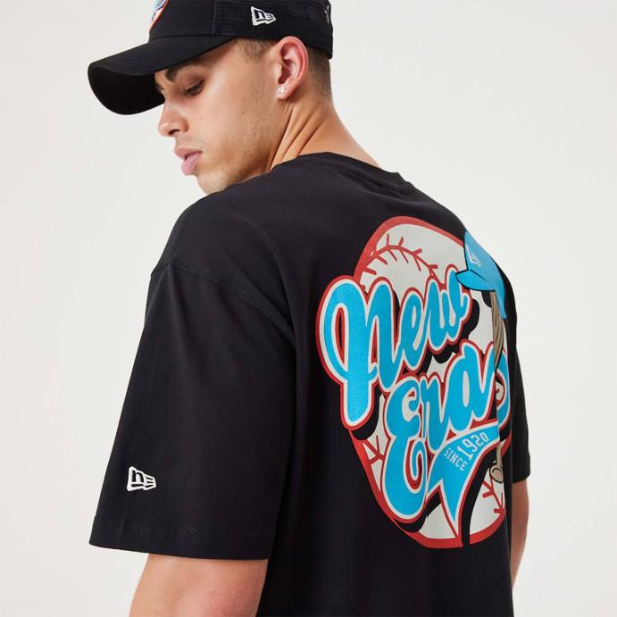 FFTN2886 New Era t-shirt oversized preta com gráfico de basebol Heritage
