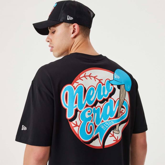 FFTN2886 New Era t-shirt oversized preta com gráfico de basebol Heritage