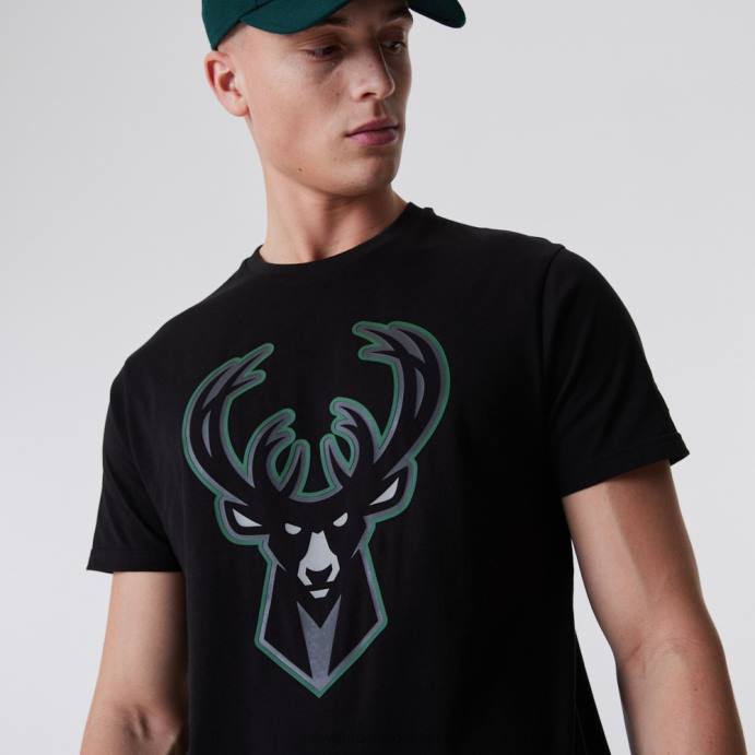 FFTN2890 New Era camiseta preta milwaukee bucks com contorno da nba