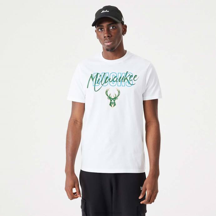 FFTN2901 New Era camiseta branca com script da nba milwaukee bucks