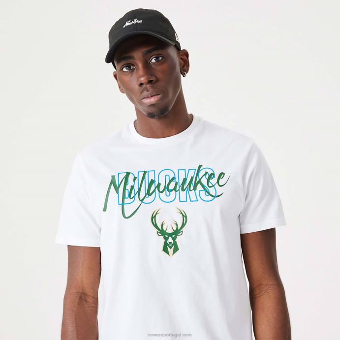 FFTN2901 New Era camiseta branca com script da nba milwaukee bucks