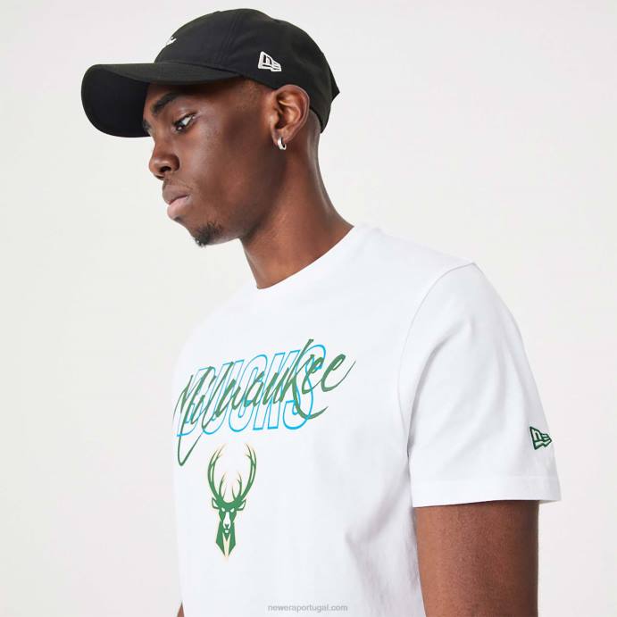 FFTN2901 New Era camiseta branca com script da nba milwaukee bucks
