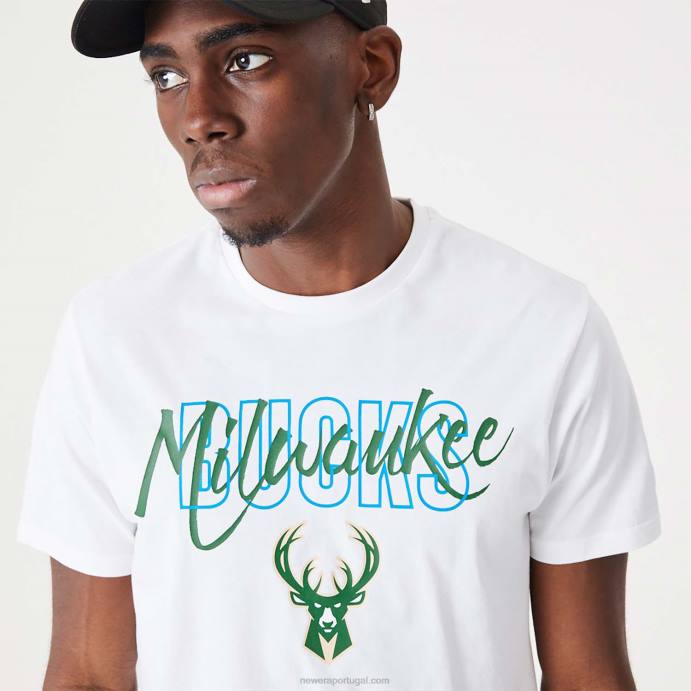 FFTN2901 New Era camiseta branca com script da nba milwaukee bucks