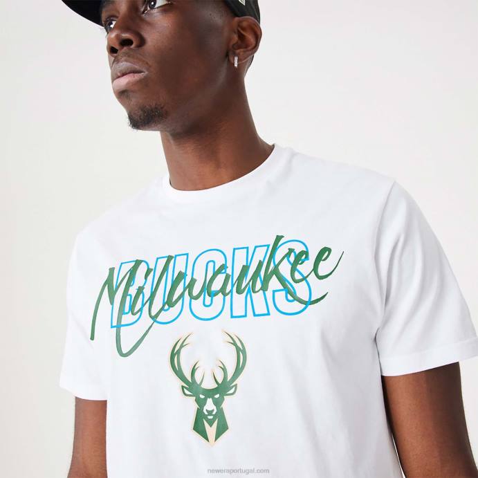 FFTN2901 New Era camiseta branca com script da nba milwaukee bucks