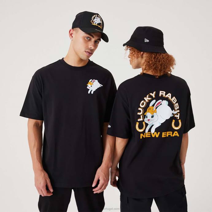 FFTN2997 New Era camiseta oversized preta coelho da sorte