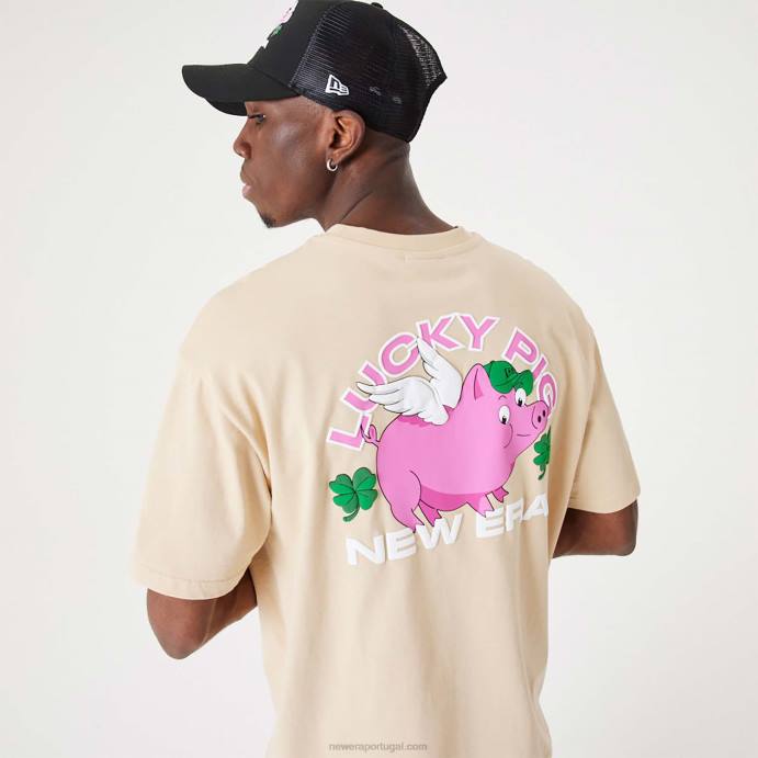 FFTN3011 New Era camiseta tamanho grande personagem porco da sorte bege claro