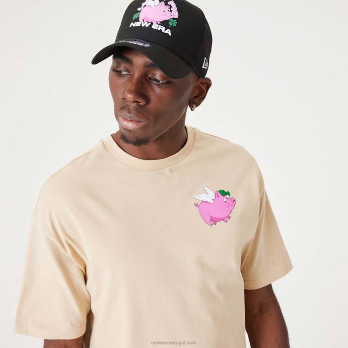 FFTN3011 New Era camiseta tamanho grande personagem porco da sorte bege claro