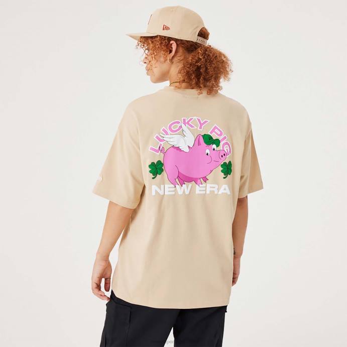 FFTN3011 New Era camiseta tamanho grande personagem porco da sorte bege claro