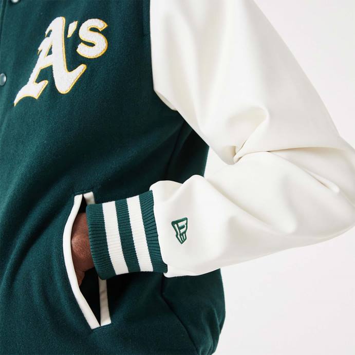FFTN2566 New Era jaqueta de time do colégio Oakland Athletics MLB Heritage verde escuro