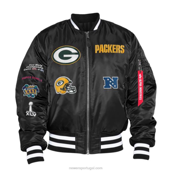 FFTN2579 New Era Green Bay Packers X Alpha Industries Jaqueta bomber preta reversível