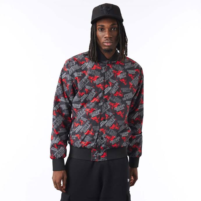 FFTN2582 New Era Chicago Bulls Jaqueta bomber preta com estampa de logo