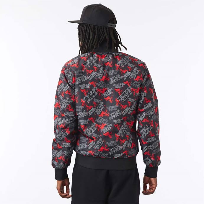 FFTN2582 New Era Chicago Bulls Jaqueta bomber preta com estampa de logo