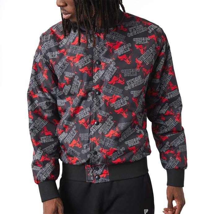FFTN2582 New Era Chicago Bulls Jaqueta bomber preta com estampa de logo