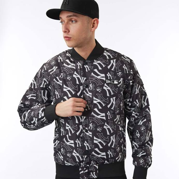 FFTN2583 New Era New York Yankees Jaqueta bomber preta com estampa de logo