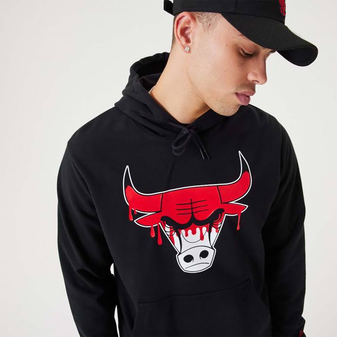 FFTN2673 New Era moletom com capuz preto chicago bulls nba drip logo