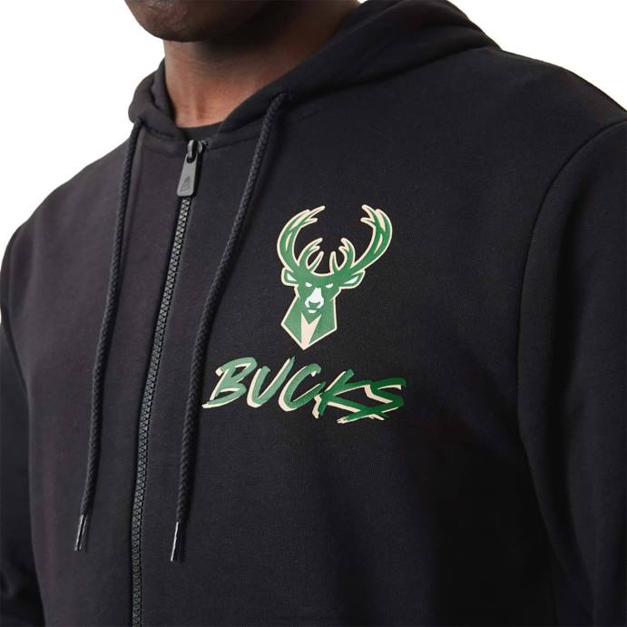 FFTN2690 New Era Milwaukee Bucks Moletom com capuz e zíper nba script preto