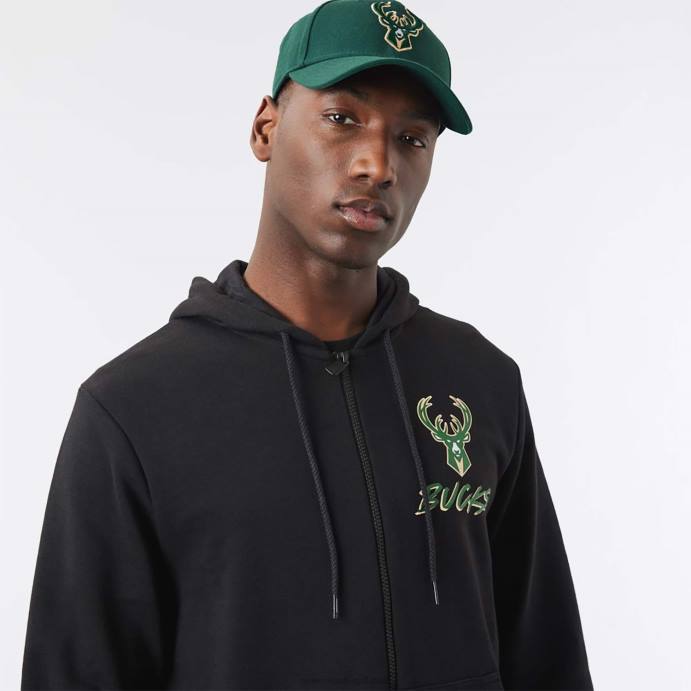 FFTN2690 New Era Milwaukee Bucks Moletom com capuz e zíper nba script preto