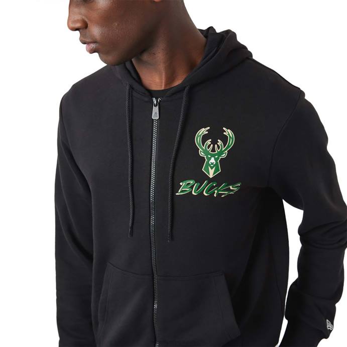 FFTN2690 New Era Milwaukee Bucks Moletom com capuz e zíper nba script preto