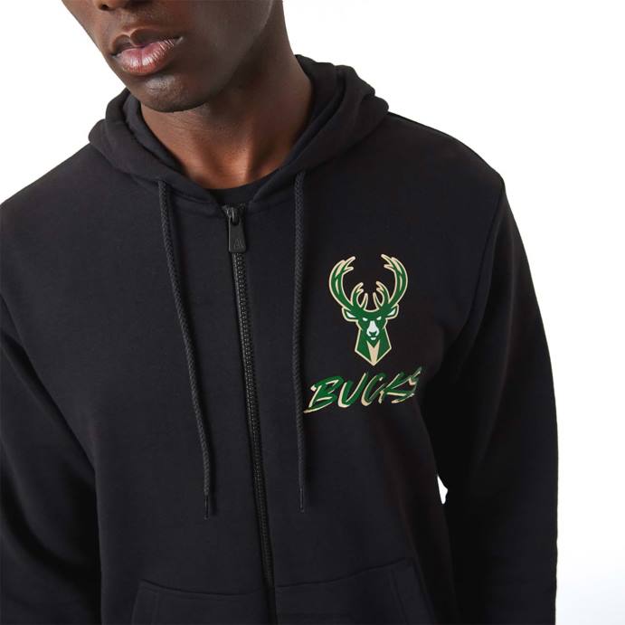FFTN2690 New Era Milwaukee Bucks Moletom com capuz e zíper nba script preto